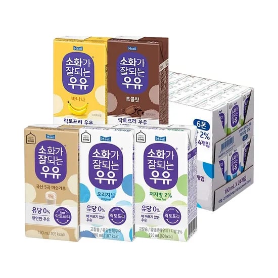 소화가잘되는우유 오리지널/저지방 외 5종 190ml 48팩 (25,960원/무료)