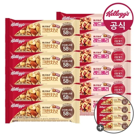 켈로그 에너지바 크런치넛 40g x 6개 + 레드베리 35g x 6개 + 증정 4개 (10,780원/무료)