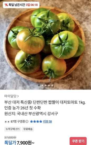 부산 대저 단짠단짠 짭짤이 토마토 대과 1kg (7,900원/무료)