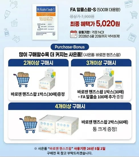 FA 알콜스왑 에스 500매 일회용 알콜솜 소독솜 벌크포장 (5,020원/무료배송)