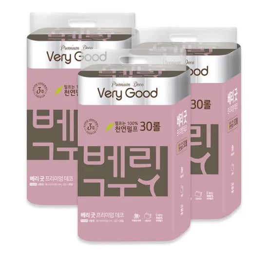 베리굿 프리미엄 데코 천연펄프 30m 30롤 3팩 총90롤 (28,900원/무배)