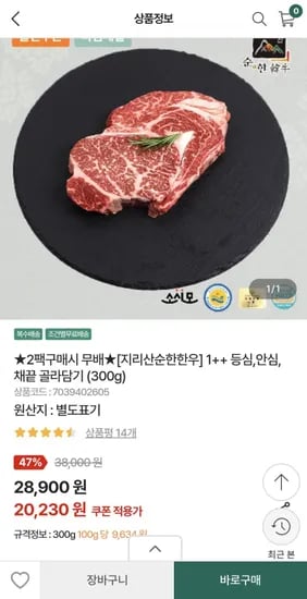 지리산순한한우 ++등급 한우 등심 300g (20,230원~/3,000원)1