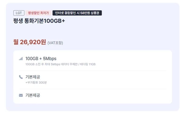 U+망 알뜰폰 100GB + 5Mbps 평생 외 다양 2건