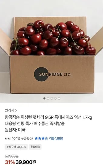 항공직송 워싱턴 햇 체리 9.5R 특대사이즈 1.7kg 외 다양 20개