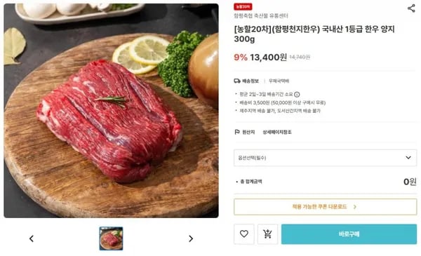 함평천지한우 국내산 1등급 한우 양지 300g