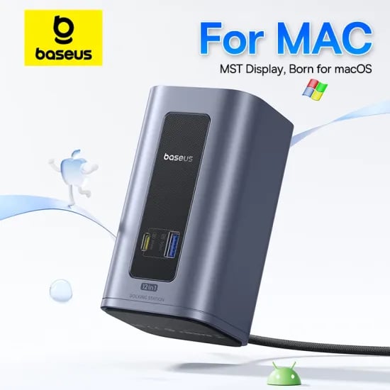 베이스어스 USB C 허브 맥용 12-in-1 디스플레이포트 HDMI 4K@60Hz MST 디스플레이 맥OS 윈도우 도킹 스테이션 USB 3.2 RJ45 PD 100W 허브