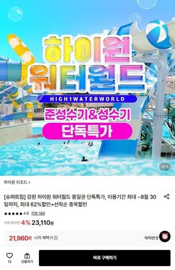 강원 하이원 리조트 워터월드 종일권 (2,960원/무료)1