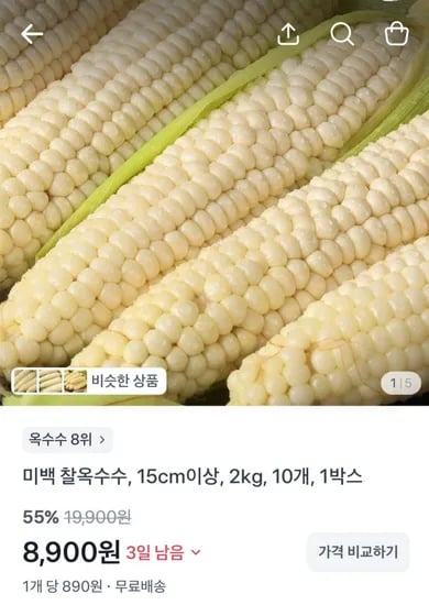 햇 미백 찰옥수수 15cm이상 2kg 10개