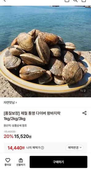 통영 왕바지락 2kg (14,440원/무배)