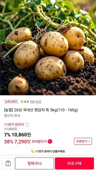 국내산 햇감자 특 5kg (110-160g) (7,610원/무료)