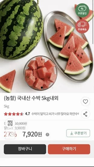 제주 수박 5kg 내외 1통 (7,90원/무료)2