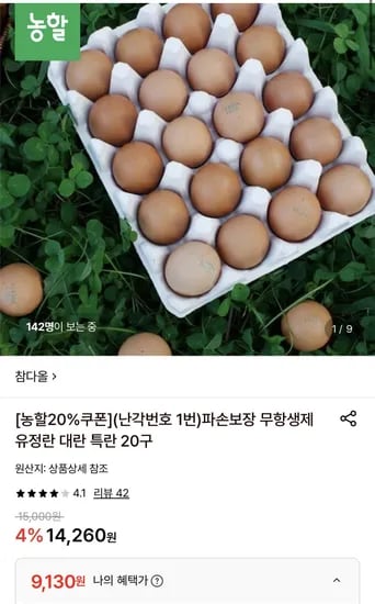 무항생제 유정란 대란 특란 20구 (9,120원/무배)