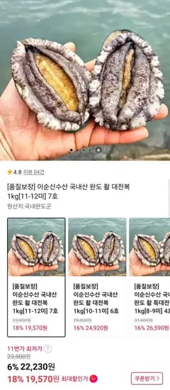 국내산 완도 활 대전복 1kg 11-1미 (19,570원/무배)2
