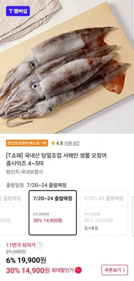 국내산 당일조업 서해안 생물 오징어 중사이즈 4~5미(T멤버십 14,900원/무배)