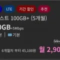 100GB+5Mbps 5개월 (2,900원/SIM별도)