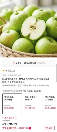청사과 아오리 4kg 30과내외 (9,960원/무배)