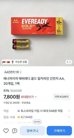 에너자이저 에버레디 골드 알카라인 건전지 AA, 0개입, 1팩 (7,800/무료)2