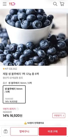 생 블루베리 25g 6팩 (16,920원/무료)1