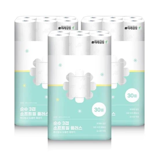 순수3겹 소프트필플러스 화장지 25m 30롤 x 3팩 90롤 (26,265원/무료)