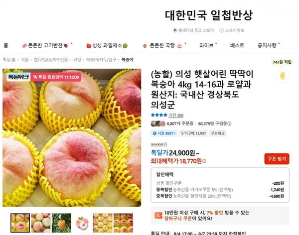 의성 햇살어린 딱딱이 복숭아 4kg (4,900원/무료배송)2