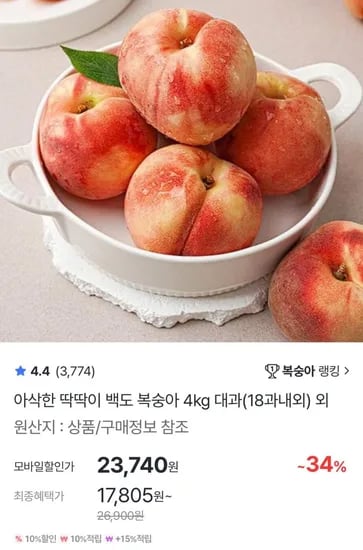 딱딱이 백도복숭아 4kg 18과 내외 (14,250원/무료)