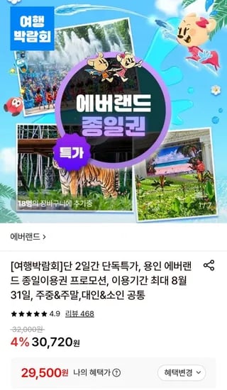 용인 에버랜드 종일이용권 (29,500원/무료)