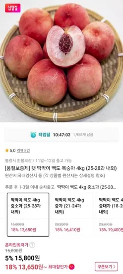 딱딱이 백도복숭아 4kg (2-28과 내외) (15,380원/무배)5