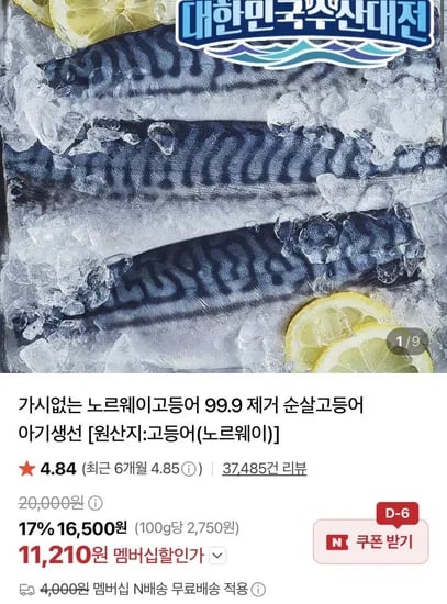 가시없는 노르웨이고등어 99.9 제거 순살고등어 중600g (1,220원/네멤무배)1