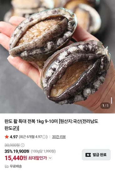 완도 활 특대 전복 kg 9~10미 (15,440원/무료배송)1