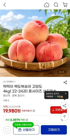 딱딱이 백도복숭아 4kg 중 (22-24과) (19,980원/무료)