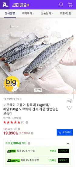 노르웨이 고등어 왕특대 1kg(6팩/팩당150g) (19,890원/무배)