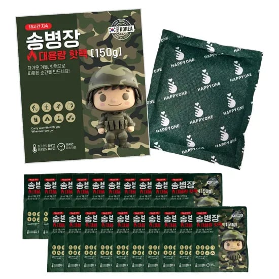 포포랑 대용량 핫팩 150g 30매, 충성 핫팩 100g 중형 군용 보온대 30매
