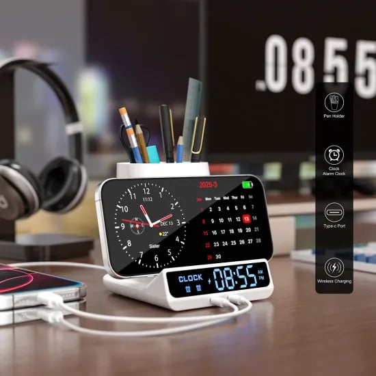 3-in-1 LED 알람시계 무선 충전기 펜 홀더
