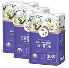 행운드림 100% 천연펄프 화장지 3겹 30M 2팩(1.4만) 4팩(2.5만), 한예지 3겹 30M 30롤 3팩(2.1만)