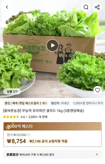 올바른농장 무농약 유러피안 샐러드 1kg