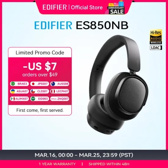 Edifier ES850NB 무선 헤드폰 노이즈 캔슬링 블루투스 이어폰 ($57.52/무료)