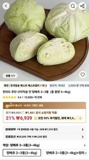 전라도 무안 산지직송 깐 양배추 2~3통(3,469원/무료)
