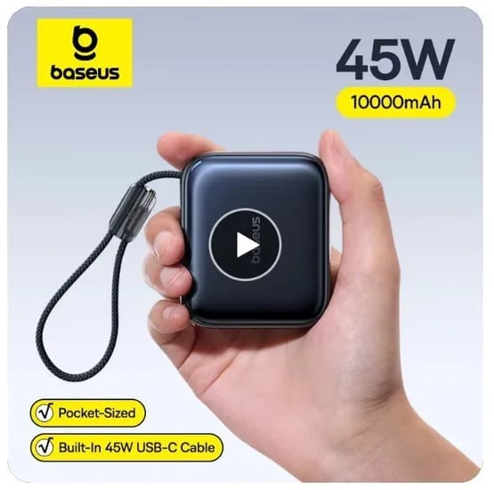베이스어스 45W 미니 파워뱅크 10000mAh 내장 USB-C 케이블($18.5/무료)9