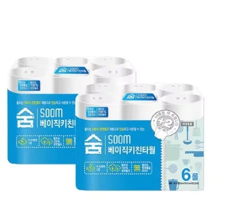 Soom 키친타올 6롤 2팩 천연펄프 무형광(6,300원/무료)