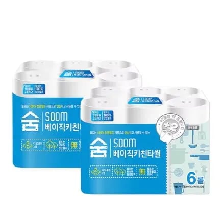 Soom 키친타올 6롤 2팩 천연펄프 무형광(6,675원/무료)