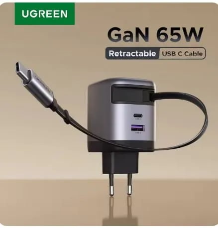 UGREEN 65W GaN 충전기 내장형 USB C 케이블 ($16.30/무료)