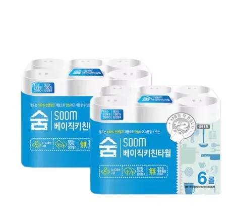 Soom 키친타올 6롤 2팩 천연펄프 무형광(6,000원/무료)