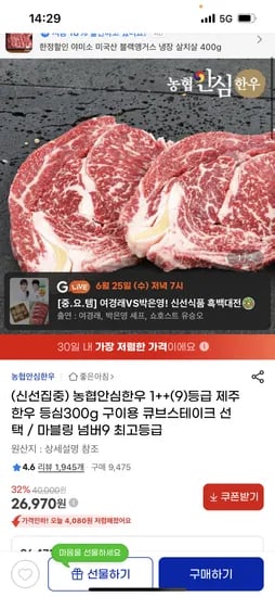 농협안심한우 1++(9)등급 제주한우 등심 300g