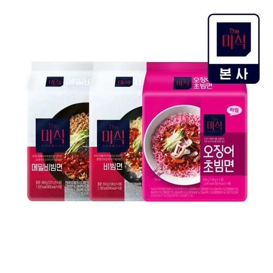 더미식 메밀비빔면 4개+비빔면 4개+오징어초빔면 4개+임박 얼큰한맛 컵 1개 (9,930원/무료)