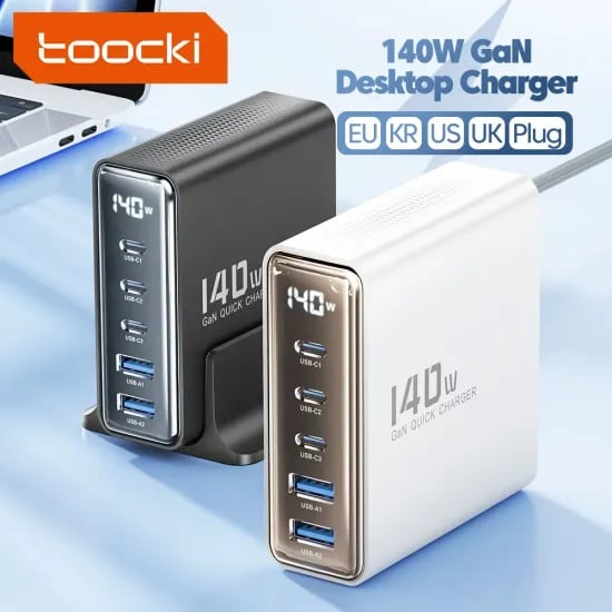 Toocki 데스크탑 고속 충전기 140W GaN 5in 1 LED 디스플레이