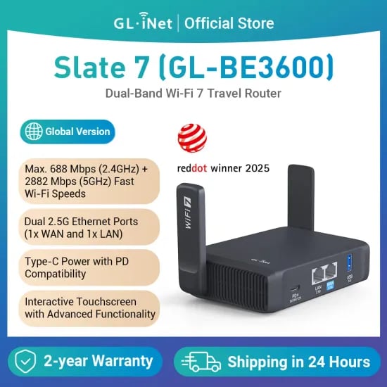 GL.iNet GL-BE3600 Slate 7 Wi-Fi 7 라우터 듀얼 2.5G 포트 터치 스크린 3570Mbps 게임 핫스팟 공용 호텔용 VPN