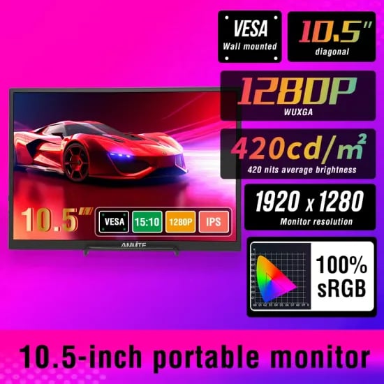 Anmite 10.5인치 휴대용 모니터 1280P HDR XBox PS4/5 스위치 휴대폰 PC 노트북 확장용