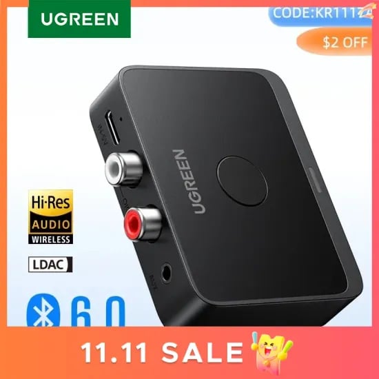 UGREEN AUX 블루투스 6.0 수신기 LDAC AAC Hi-Fi 3.5mm 잭 2RCA 오디오 15시간 재생