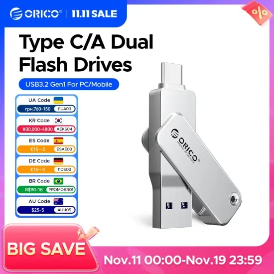 오리코 2 in 1 듀얼 플래시 드라이브 OTG 타입 C USB A 듀얼 인터페이스