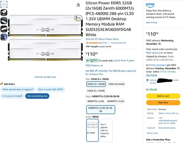 실리콘 파워 DDR5 32GB (2x16GB) Zenith 6000 CL30 110달러